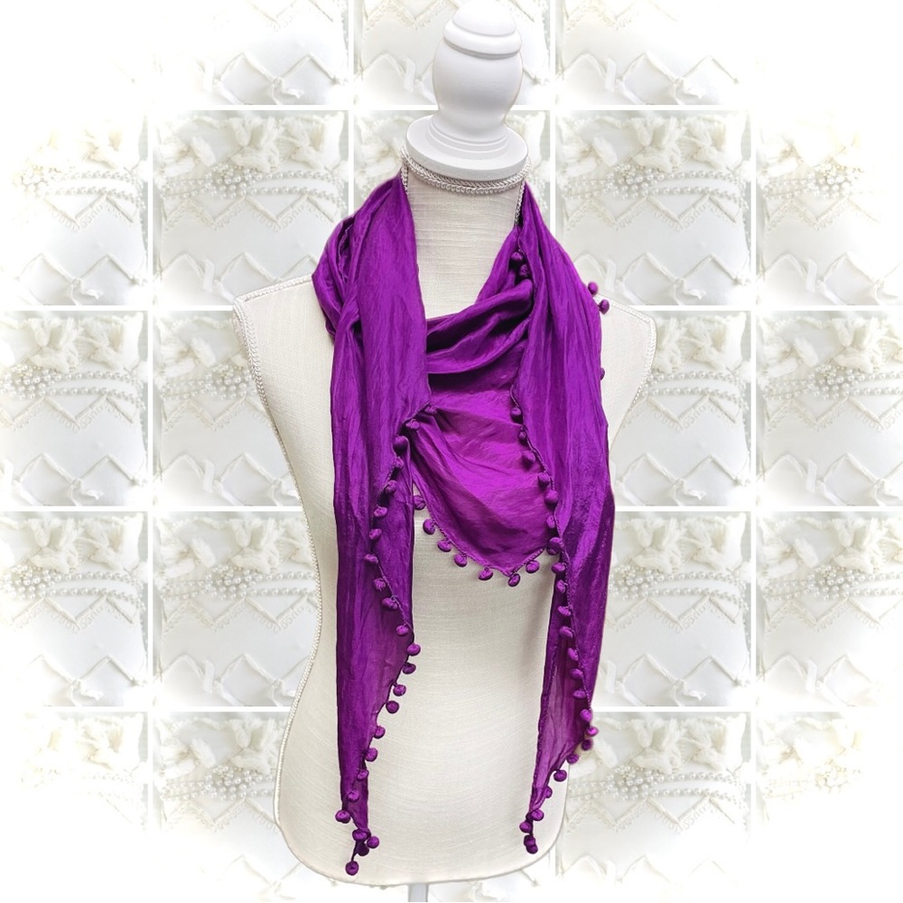 SOLD✨EILEEN FISHER | OS | Silk Magenta Tassle Pom Pom Triangle Fringe Scarf NWOT